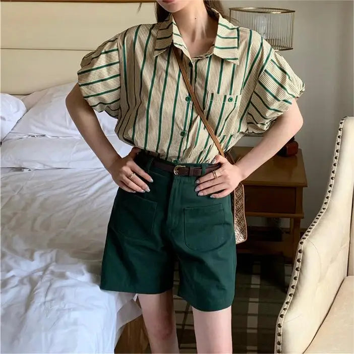 qgtao 2024 Summer Short Sleeve Slim Green Striped Shirt Sets Women Korean Style t Shorts Suits New In Clothing Tops