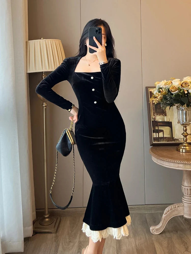 qgtao Black Elegant Dress Women Vintage Bodycon Long Dresses Party Lace Patchwork Evening Prom 2024 Fashion Robe Slim