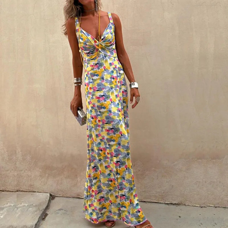 qgtao - Women Elegant V-neck Sleeveless Bohemian Dress Fashion Draped Hight Waist Pattern Long Dress Summer Sexy Backless Party Dresses