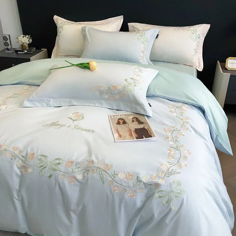 Yeknu New High-End Simple and Light Luxury Skin-Friendly Cotton Four-Piece Set Simple Embroidery Bedding Lily