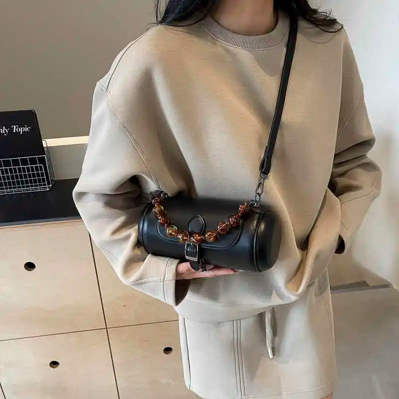 qgtao PU New Cylinder Crossbody Bag For Women Versatile Beading Decor Handheld Spring Autumn Fashion Solid Color Single Shoulder Bag