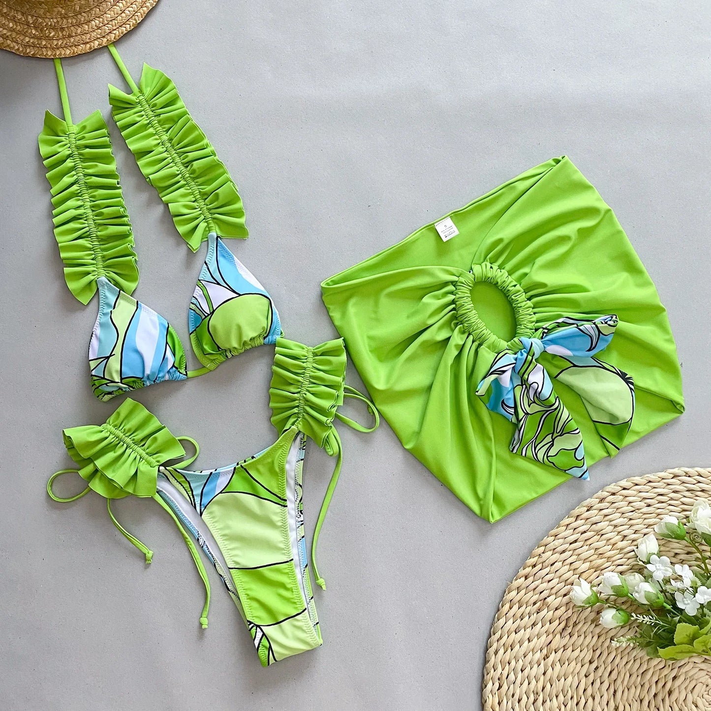 qgtao 3 Piece Bikini Women Swimsuits 2024 Female Swimwear Beachwear Swimming Suit Bathing Suit Bikini Set Floral Skirt Sarong Biquini