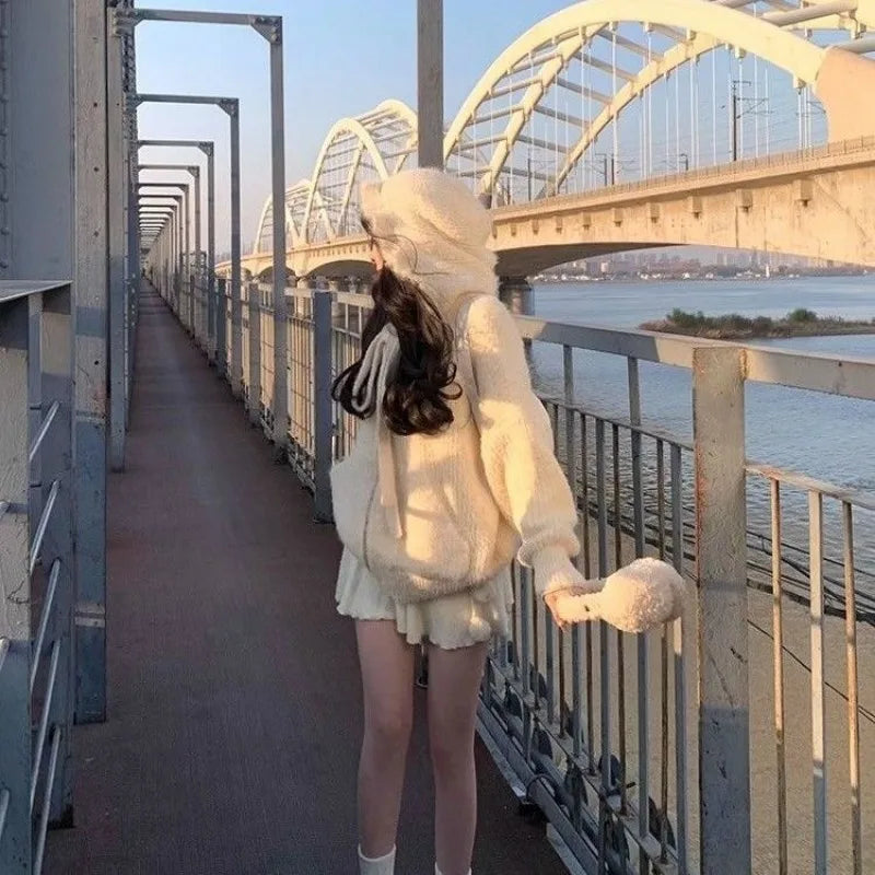 qgtao Coquette White Mini Skirt Women Kawaii Ruffle Patchwork Lace-up Knitted High Waist A-line Fleece Short Skirt Cute Spring