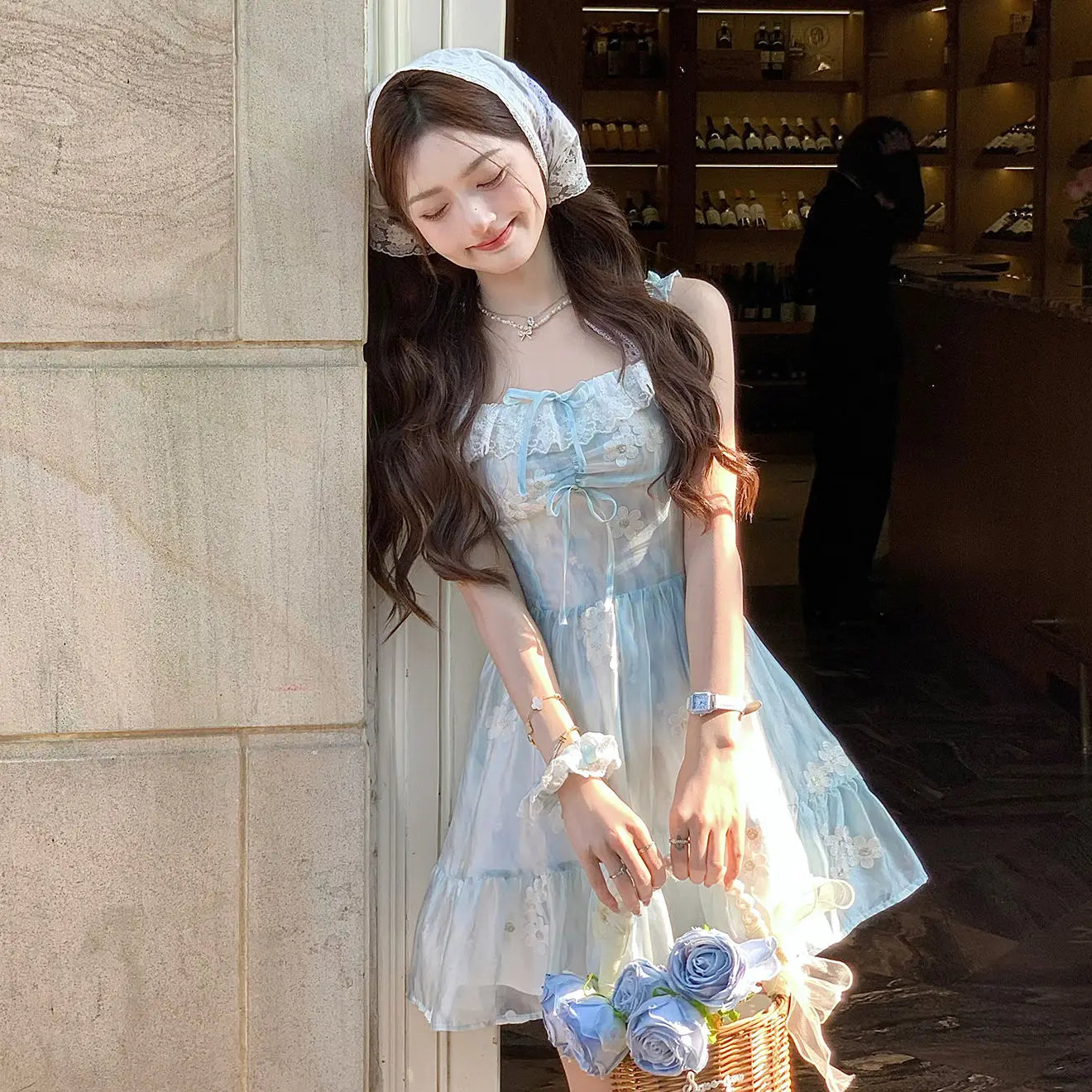 qgtao Autumn Sweet Fairy Mini Lace Dress Women Sexy Chic Embroidered Print Strap Dress Cute Casual Chiffon Beach Vacation Party Dress