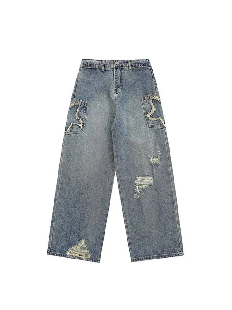 Women's Blue Star Ripped Jeans Baggy Harajuku Aesthetic Denim Trousers Y2k Wide Jean Pants Vintage 2000s Trashy Oversize Clothes