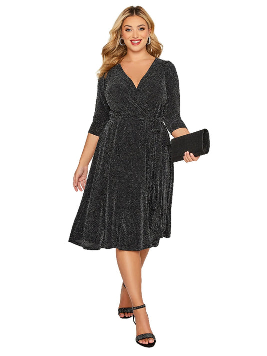 qgtao Plus Size Elegant Spring Autumn Wrap Dress Women Long Sleeve Black Glitter Cocktail Party Dress Formal Evening Night Out Dress