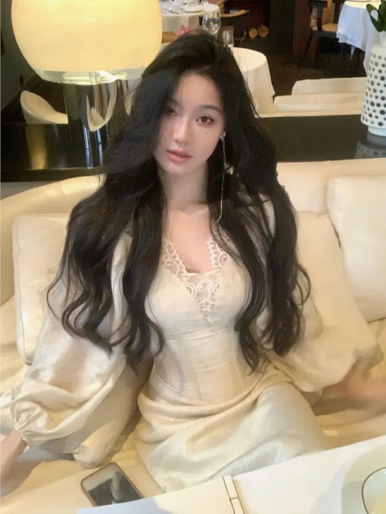 qgtao Autumn Bodycon Midi Dresses for Women Lantern Sleeve Lace V-neck Slim Waist Mermaid Wedding Evening Party Dress Female Vestidos