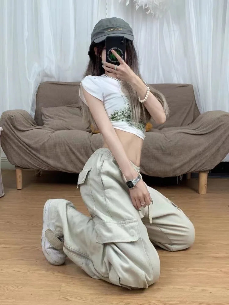 qgtao Y2k Big Pocket Cargo Pants Women Street wear Straight Wide Leg Trousers Vintage Design Side Zipper Drawtring Baggy Pants