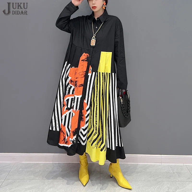 qgtao Big Size Loose Fit Chic New Autumn Woman Long Sleeve Black Blue Print Striped Shirt Dress Korean Style Casual Large Robe JJXD377