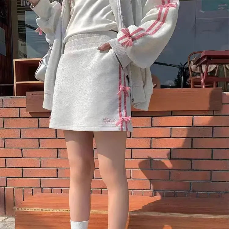 qgtao 2 Piece Skirt Sets Female Y2k Clothing Zipper Bow Sweet Korean Fashion Hoodie Suits Women Studentseven Party Outwear 2024