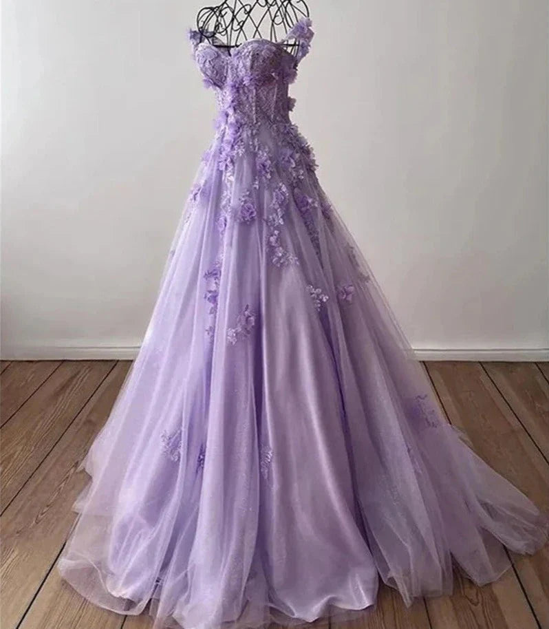 qgtao Princess 3D Flower Sweet A-line Tulle Evening Dress Purple Prom Dress Handmade Robe