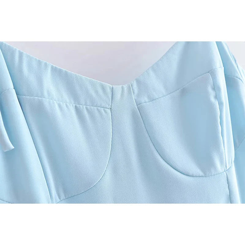 qgtao Women French Style Light Blue Front Slit Sling Dresses Sexy Sleeveless High Waist Female Holiday Summer Chiffon Dress