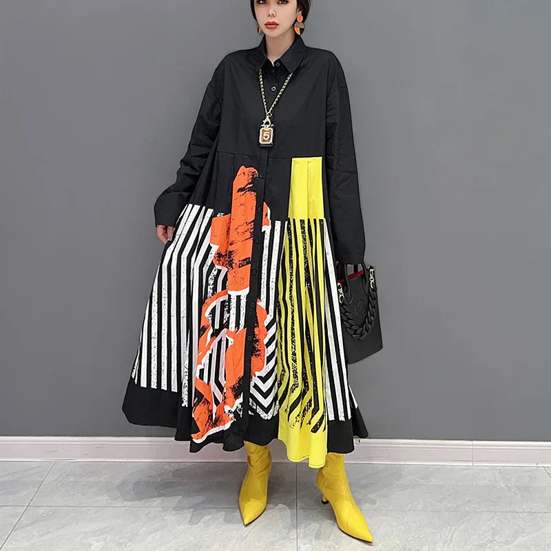 qgtao Big Size Loose Fit Chic New Autumn Woman Long Sleeve Black Blue Print Striped Shirt Dress Korean Style Casual Large Robe JJXD377
