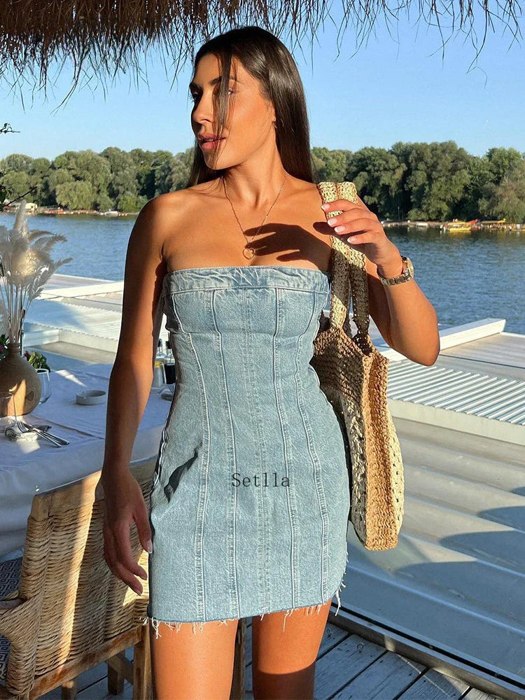 qgtao 2024 Denim Mini Dress Women Fashion Slim Backless Strapless Sleeveless Sexy Bodycon Dresses Summer Causal Party Mini Dress
