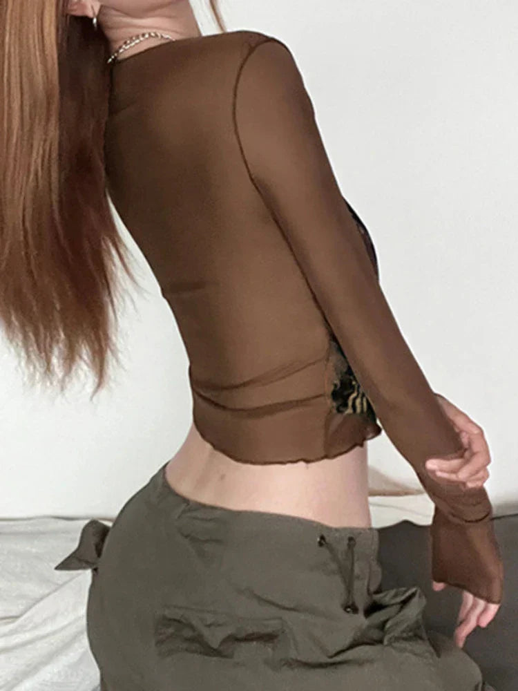 qgtao Y2k Vintage Mesh Patchwork Folds Printed V-neck T-shirt Long Sleeve Sexy Grunge Crop Tops Summer Fashion Tees 2024.