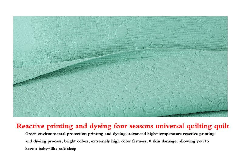 Yeknu Double Bed 100% Cotton Pure Green 3pcs Printed Quilted Quilt Pillowcase Free Shipping