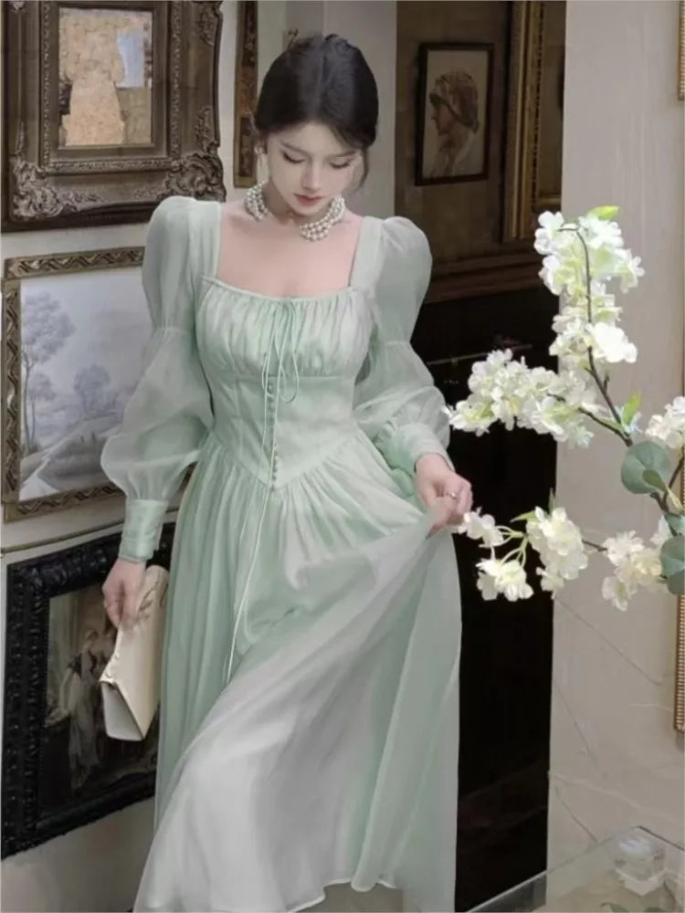 qgtao Autumn New Princess Midi Dresses for Women Square Collar Slim Waist Puff Sleeve Vintage Chic Female Clothing One Piece Vestido