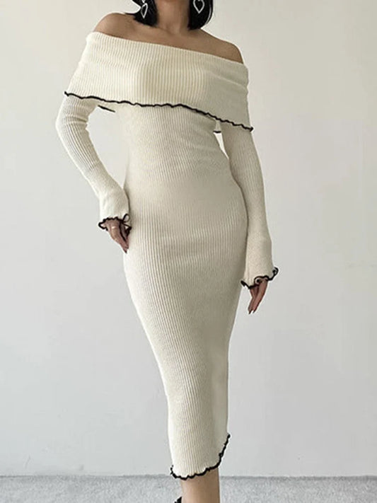 Long Dress Women Elegant Sexy Slim Slash Neck Dress Autumn Fashion Bodycon Midi Dress Lady Casual Contrast Color Party Dress