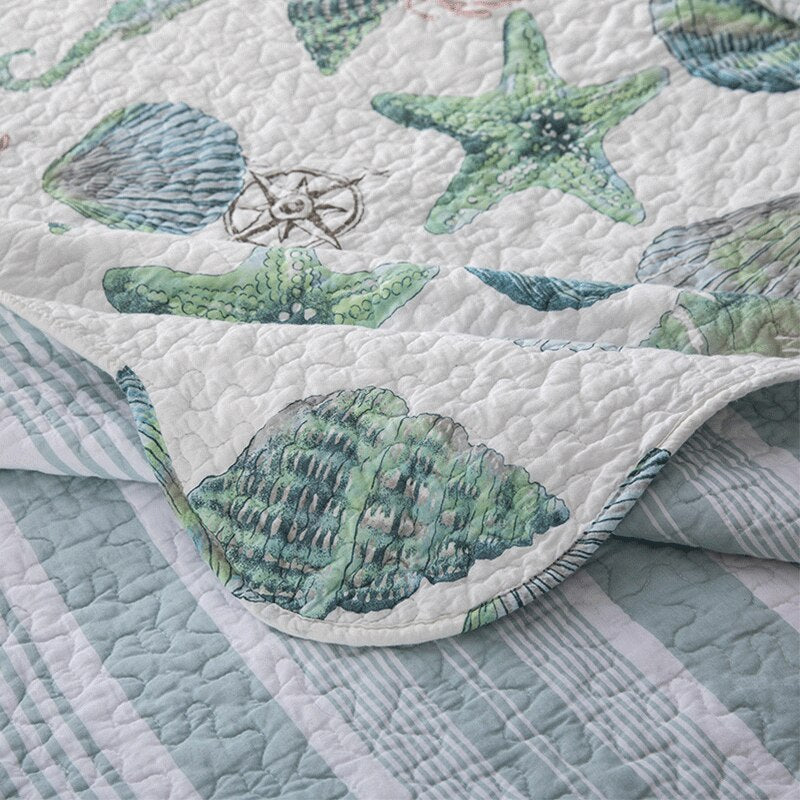 Yeknu Double Bed Cotton Print Sea Life 3 Piece Quilted Quilt Pillowcase Free Shipping