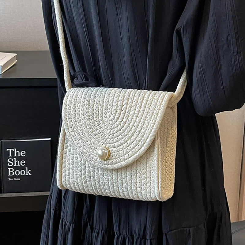 qgtao Summer New Straw Small Square Bag Fashion Pearl All-match Colorful Dot Crossbody Bag Women's Popular Braided Handmade Beach Bag