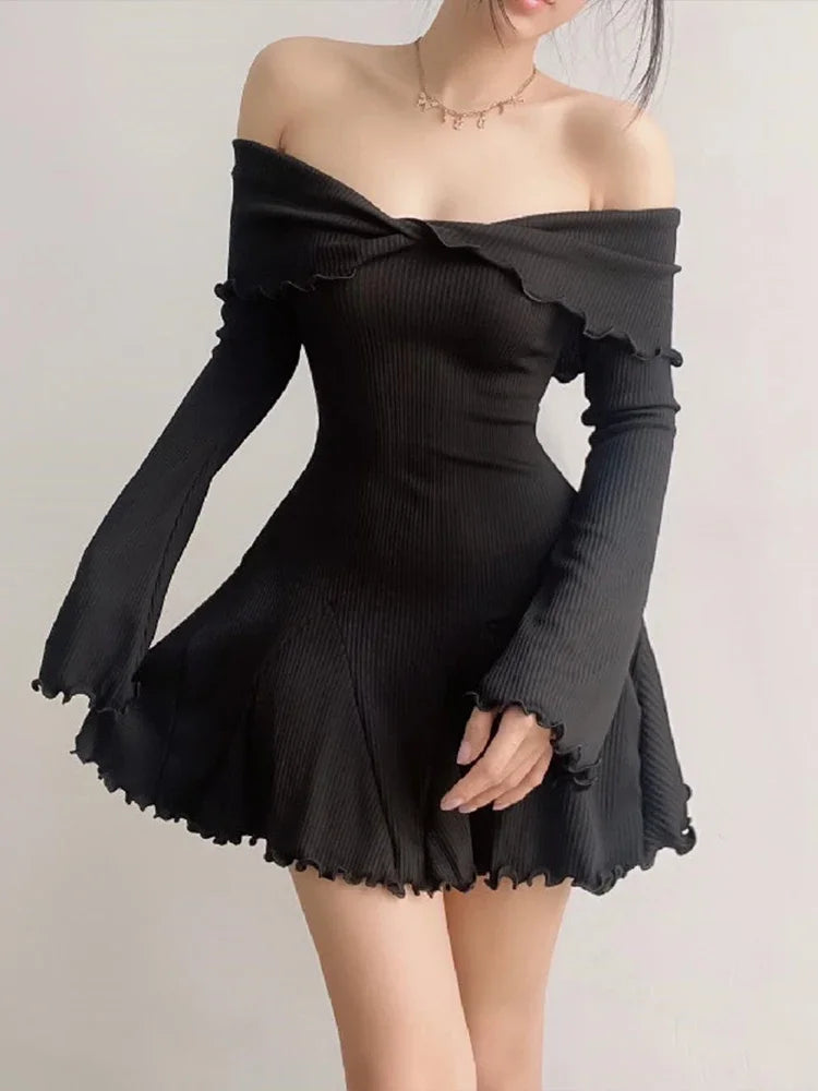 qgtao Autumn Strapless Sexy Black A-LINE Dress Women Off Shoulder Long Sleeves Streetwear Knitting Mini Dresses Elegant Club Partywear