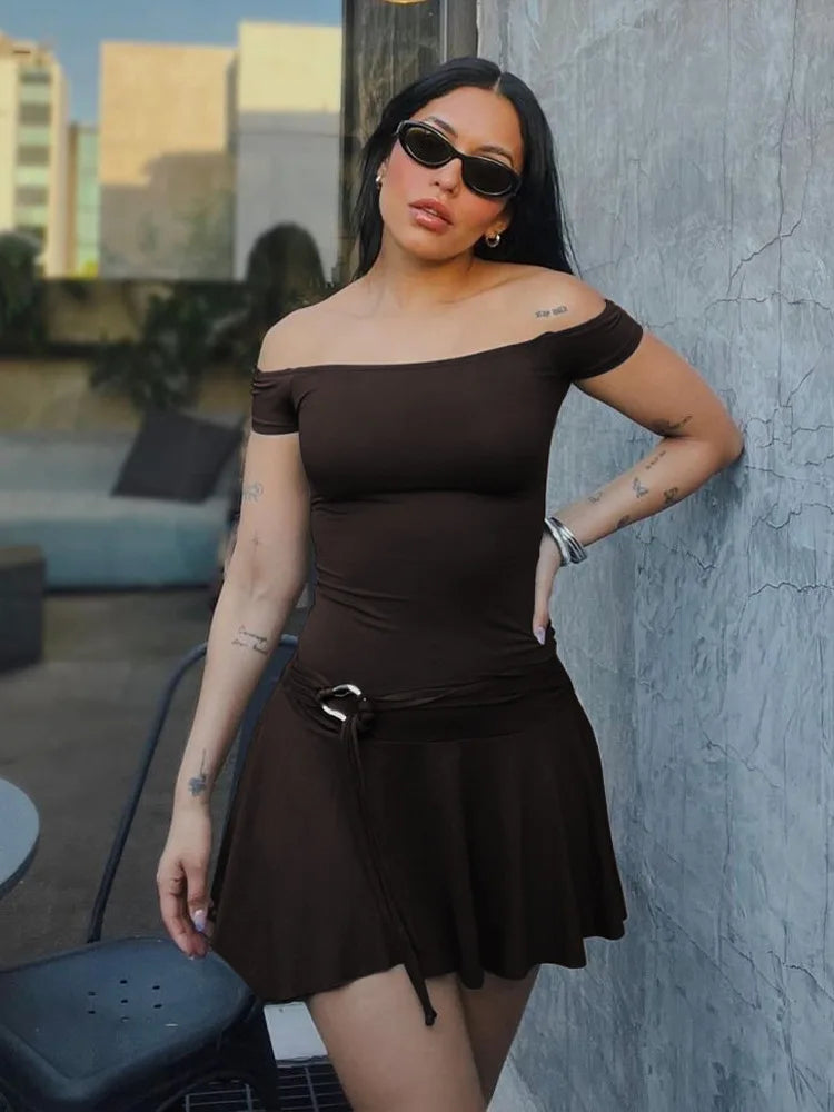 qgtao  Sexy Off Shoulder Sleeveless Strapless Mini Dress For Women Splice Flounced Edge Slim With Belt Y2K Party Dresses