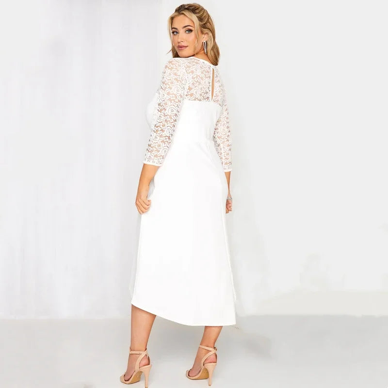 qgtao Plus Size 3/4 Lace Sleeve Spring Autumn Elegant Party Dress Women White Flt Flare Midi Dress Large Size Night Out Wedding Dress
