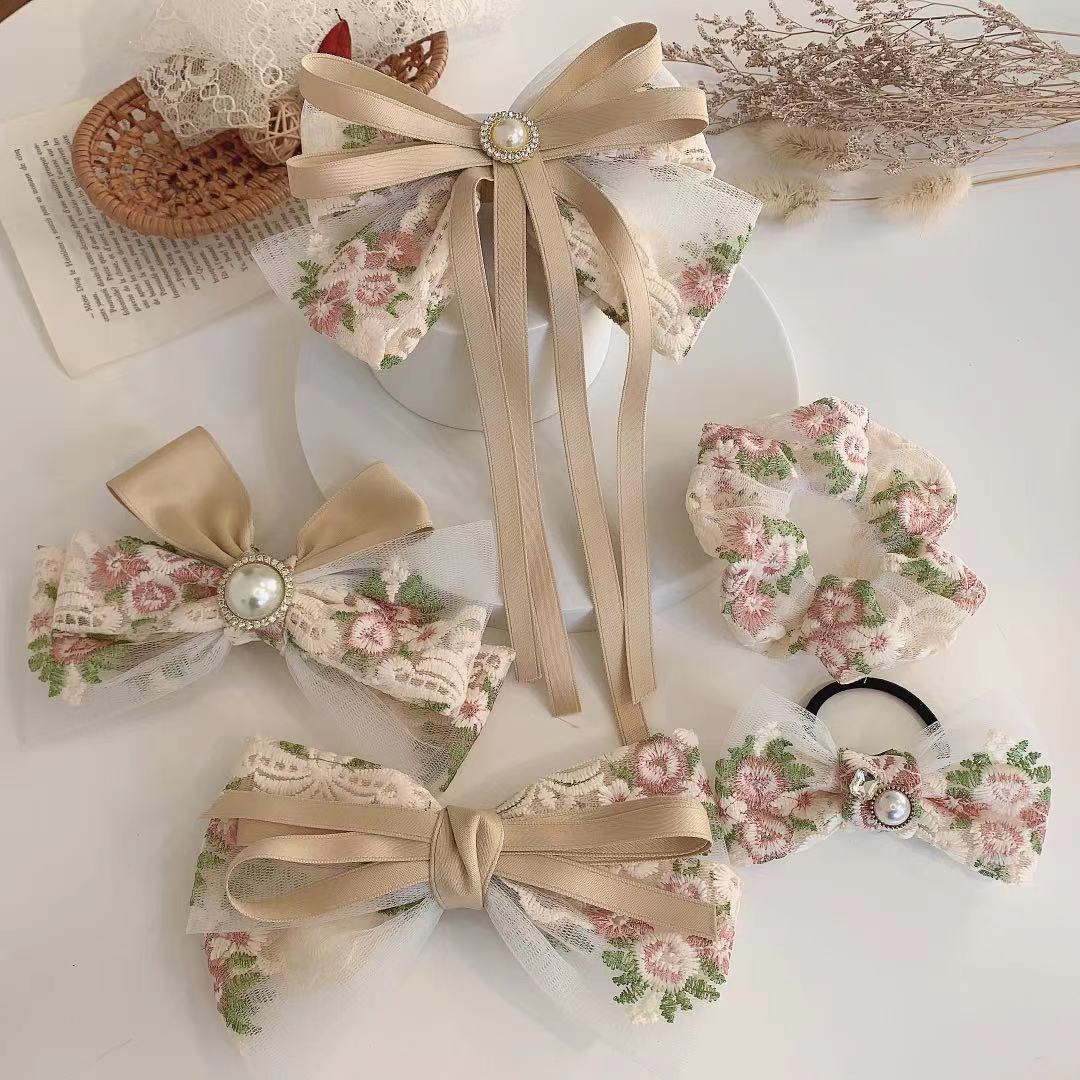 Korean Ribbon Bow Spring Barrette Hair Clips Embroidery Flower Hairpins Fabric Hair Bows Hoop Daily Casual Hair Accessories Gift