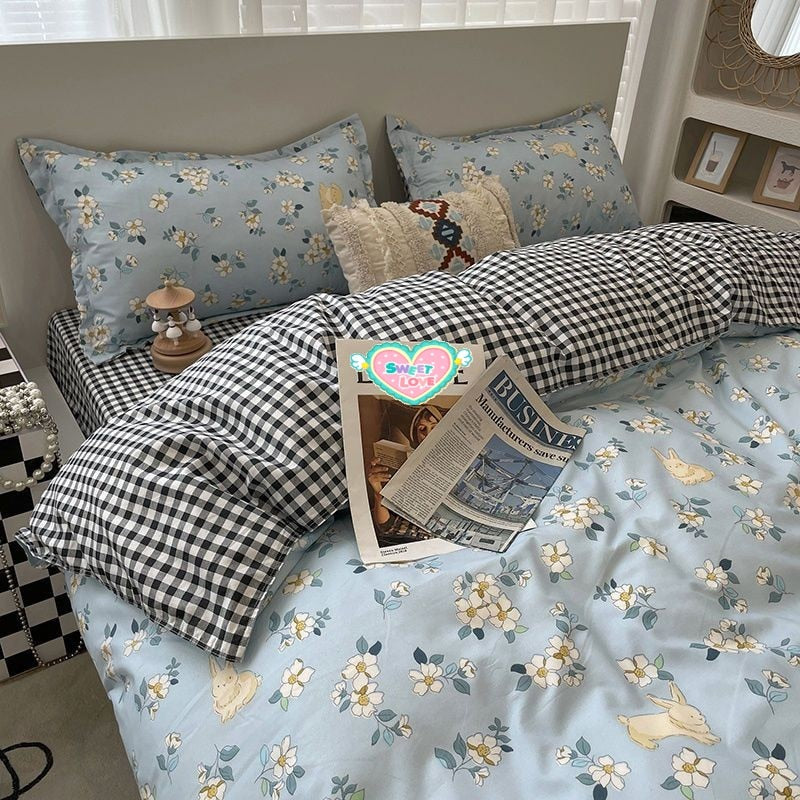 Yeknu Fashion Bedding Set White Green Double Bed Linens Nordic Duvet Cover Pillowcase Queen Size Flat Sheet Classic Grid Kids Winter