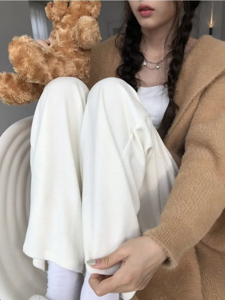 HOUZHOU Casual Korean Style Women Pants Baggy Elegant Pink High Waist Pleated Trousers Harajuku Cute Autumn Wide Home Pants Warm