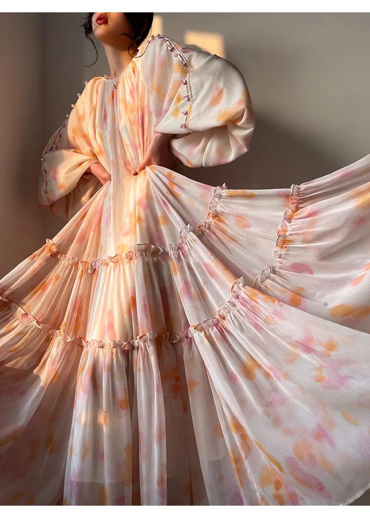 qgtao Elegant Print Midi Dresses For Women 2024 Spring Summer New French Fashion Sweet Vintage Female Clothes Loose Maxi Y2k Dress