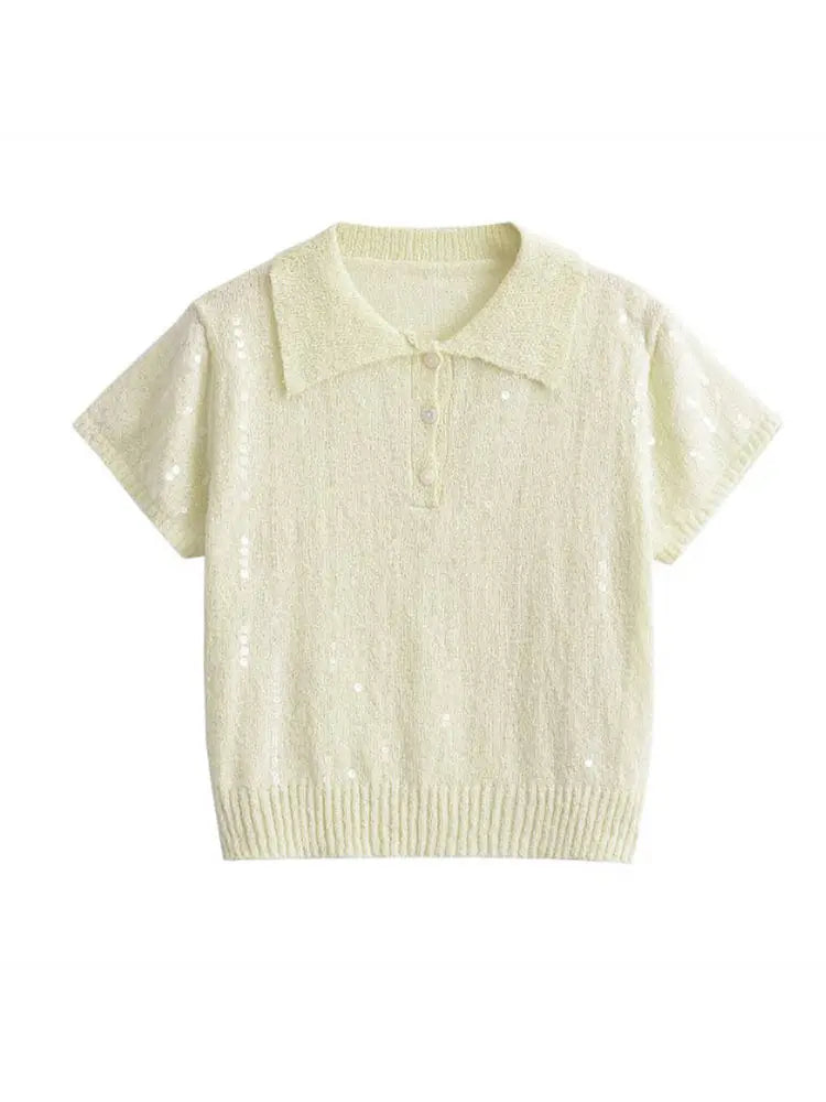 qgtao - Elegant Sequins Sparkling Knitted Short Sleeved Pullover Female Solid Simple Lapel Button Pullovers 2024 New Lady Knitwear Tops