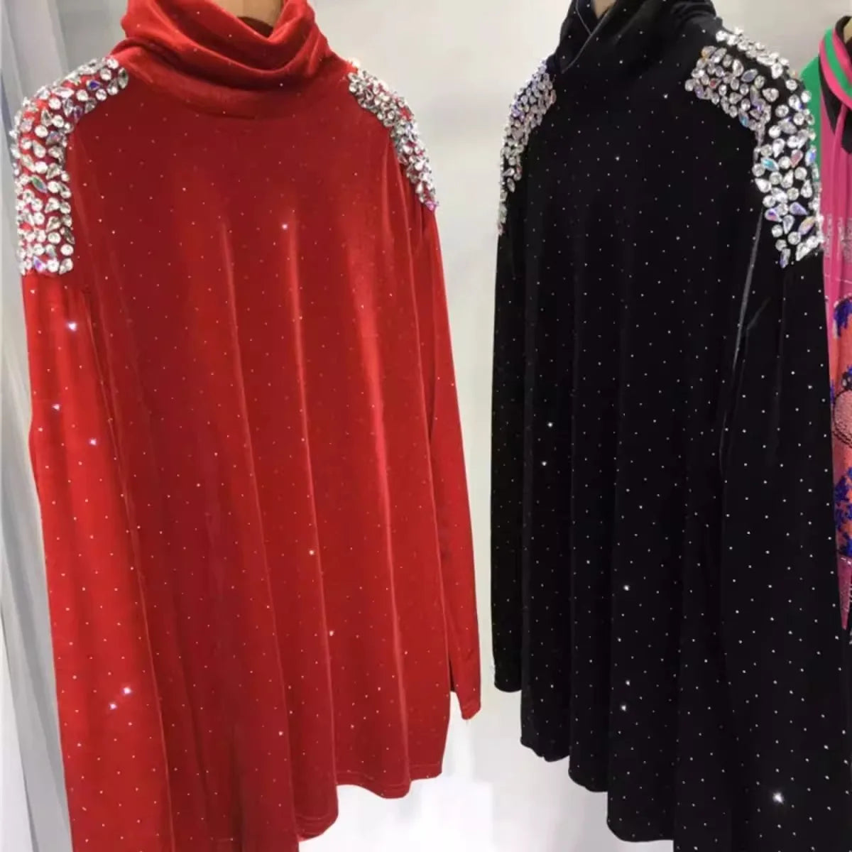 qgtao Luxury Beading Turtleneck Tshirts for Plus Size Women 150kg Long Sleeve Loose Midi Fashion Pullovers Autumn Winter New Lady Tops