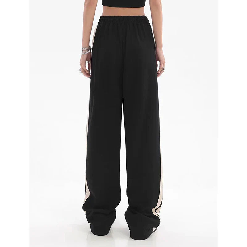 qgtao Striped Joggers Sweatpants Bf Hip Hop Women High Waist Wide Leg Sports Pants Street wear Drawstring Baggy Straight Trousers