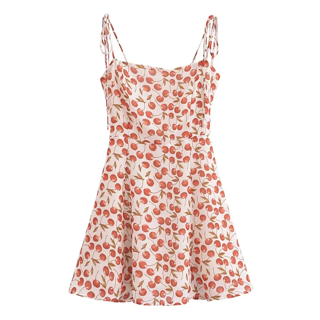 qgtao French Vintage Cherry Print Sling Dress Women Sexy Spaghetti Strap A-line Short Chiffon Summer Dress Holiday Robe