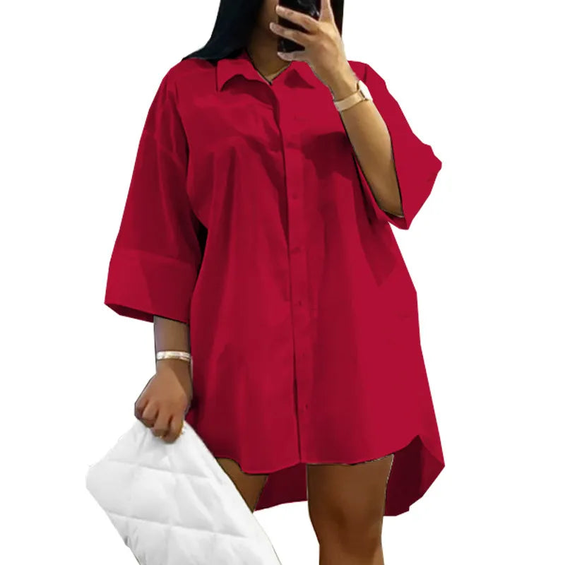 qgtao Plus Size 5XL Women Shirt Dress Solid Color Turn-down Collar Summer Mini Dress Lady Casual Loose Irregular Beach Dress Vestidos