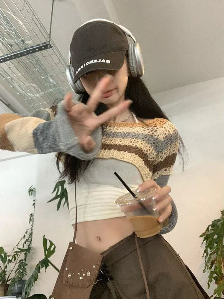 qgtao Y2K Vintage Striped Knitted Cropped Sweater Women Harajuku Hollow Out Patchwork Pullover Korean Fashion Casual Jumper