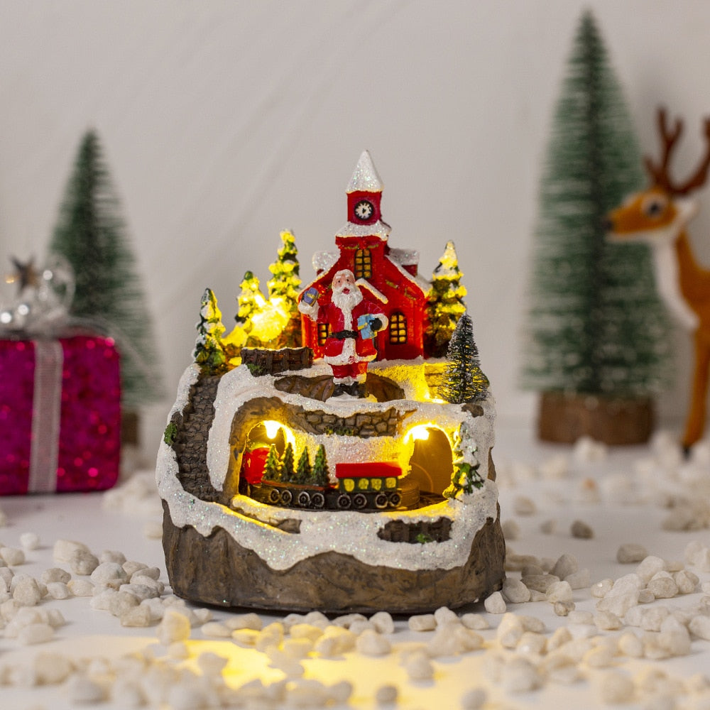 Christmas House Village Music Led Glow Rotating Train Snowman Santa Building Cabin Resin Crafts Xmas Holiday Ornament Home Decor