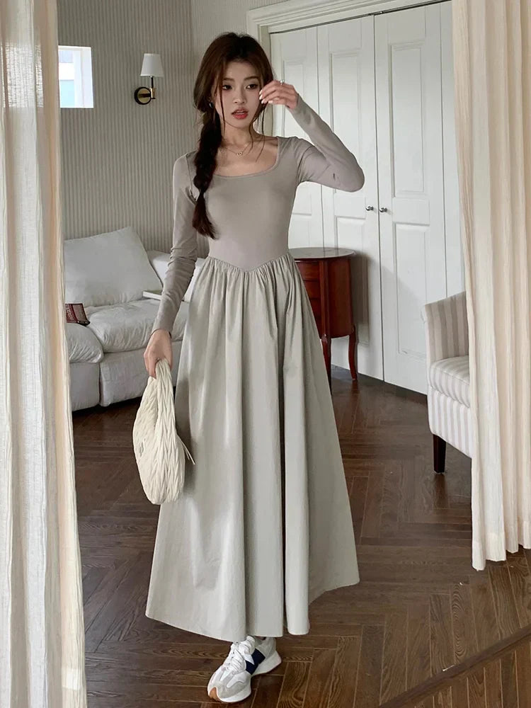 qgtao-New Autumn Fashion Elegant Black Midi Dress for Women Long Sleeve Square Neck Simple Solid Vintage Chic Ladies Dresses Korean