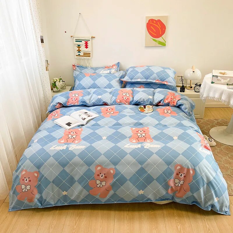 Yeknu - Floral Printed Duvet Cover Set with Sheet Pillowcases Warm Cute Cartoon Bed Linen Full Queen Size Home Gift Bedding Set
