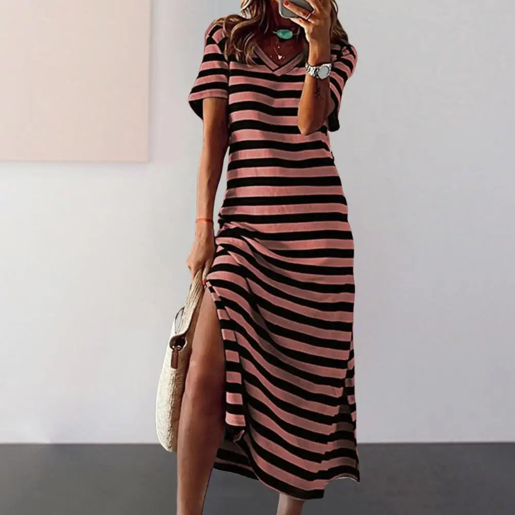 qgtao Summer Dresses 2024 Woman Plus Size Dresses For Women Casual Stripe Print V-neck Short Sleeve Loose Long Dress Robe Femme