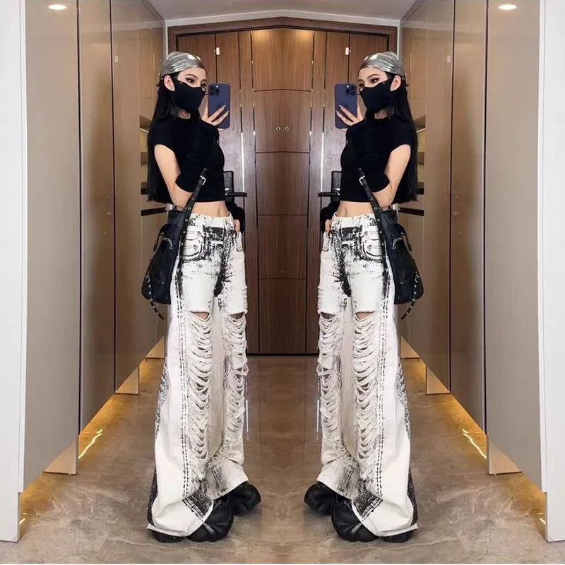 qgtao - Women Grey Ripped Jeans High Waist America Feeling Street Wide Leg Pants Y2K Vintage Ins Straight Baggy Plus Size Denim Trousers