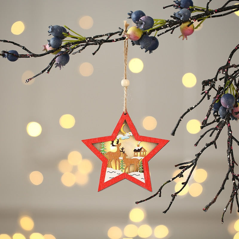 Creative Led Light Christmas Tree Hanging Pendant Star Car Heart Wooden Ornament Home Xmas Decoration New Year Navidad Kids Gift