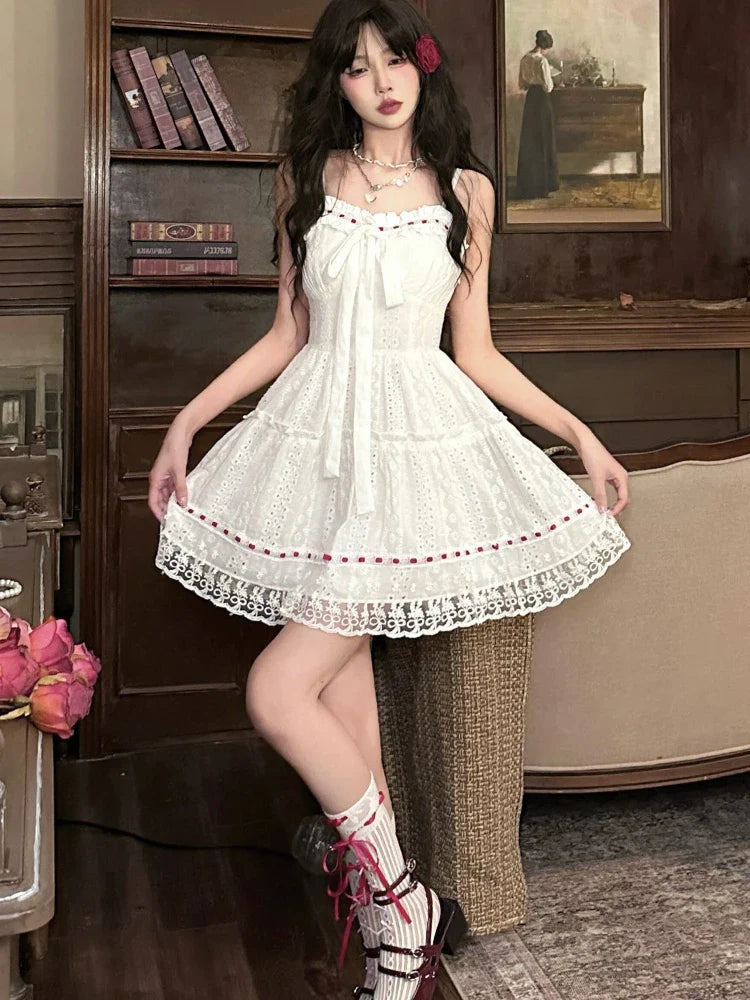 qgtao Sweet White Lace Mini Dress Women Autumn Sexy Sleeveless Bow Strap Dress Female Casual Cute Princess Wedding Party Dress New In