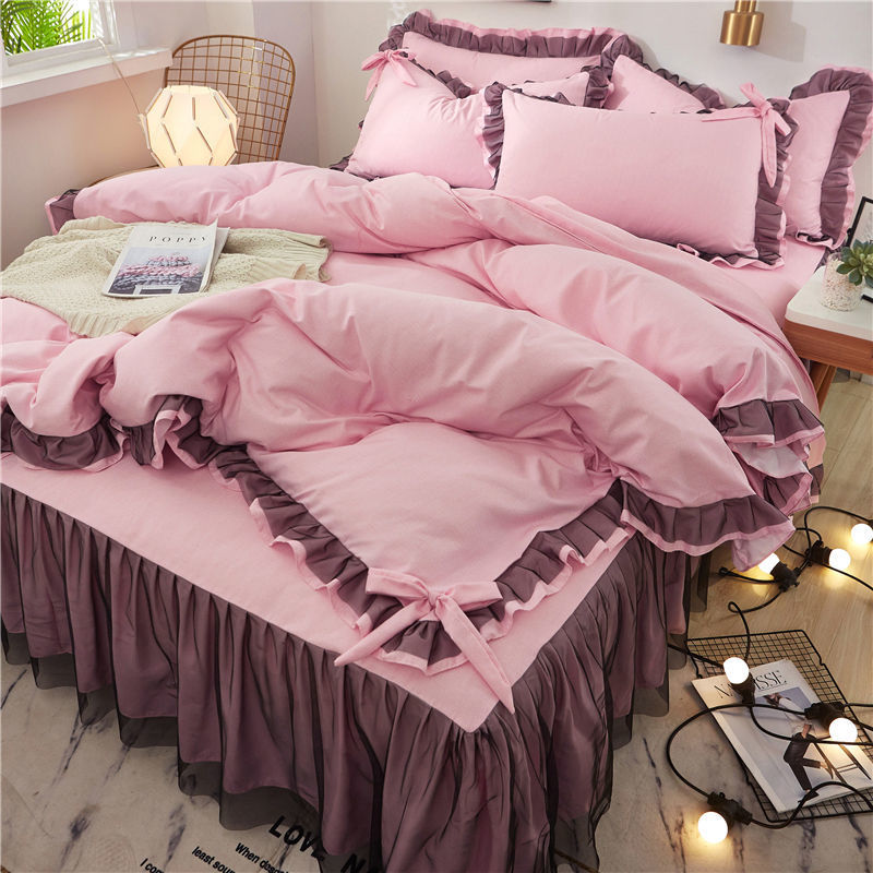 Yeknu Arctic Velvet Pastoral Lace Solid Color Four-Piece Pillowcase Bed Sheet Quilt Cover Quilt Cover 200*230cm Bed Sheet Set