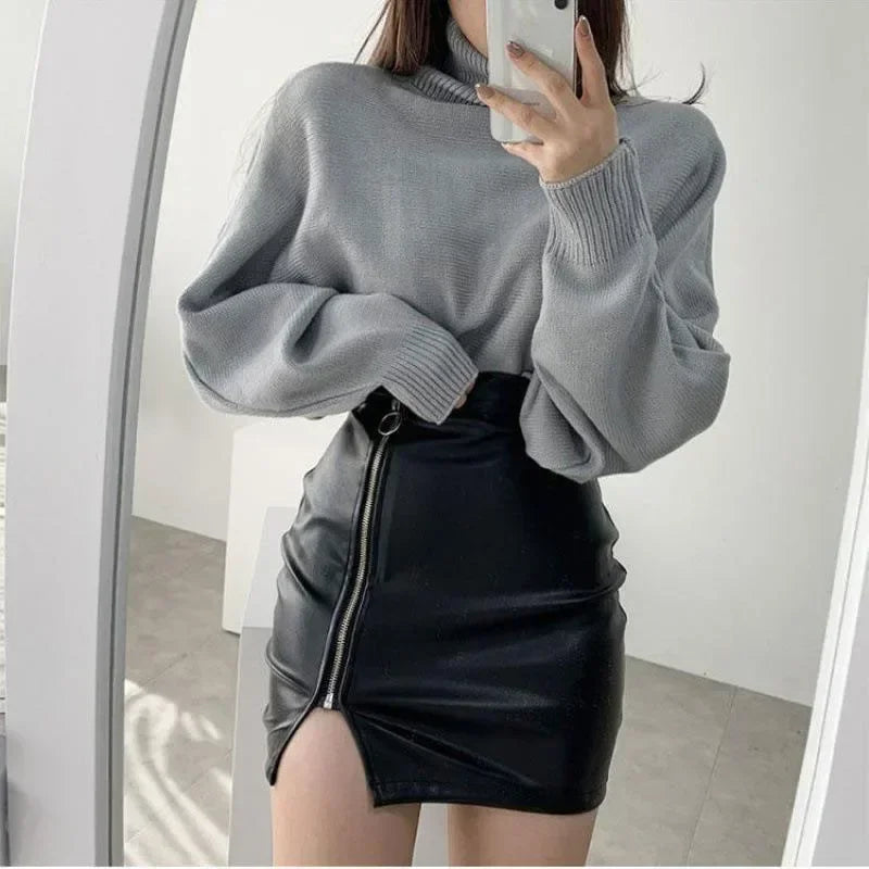 qgtao Black Mini Sexy Skirt Sexy High Waist Package Hip Pencil Skirt Women Korean Fashion Pu Faux Leather Split Zipper Short Skirts