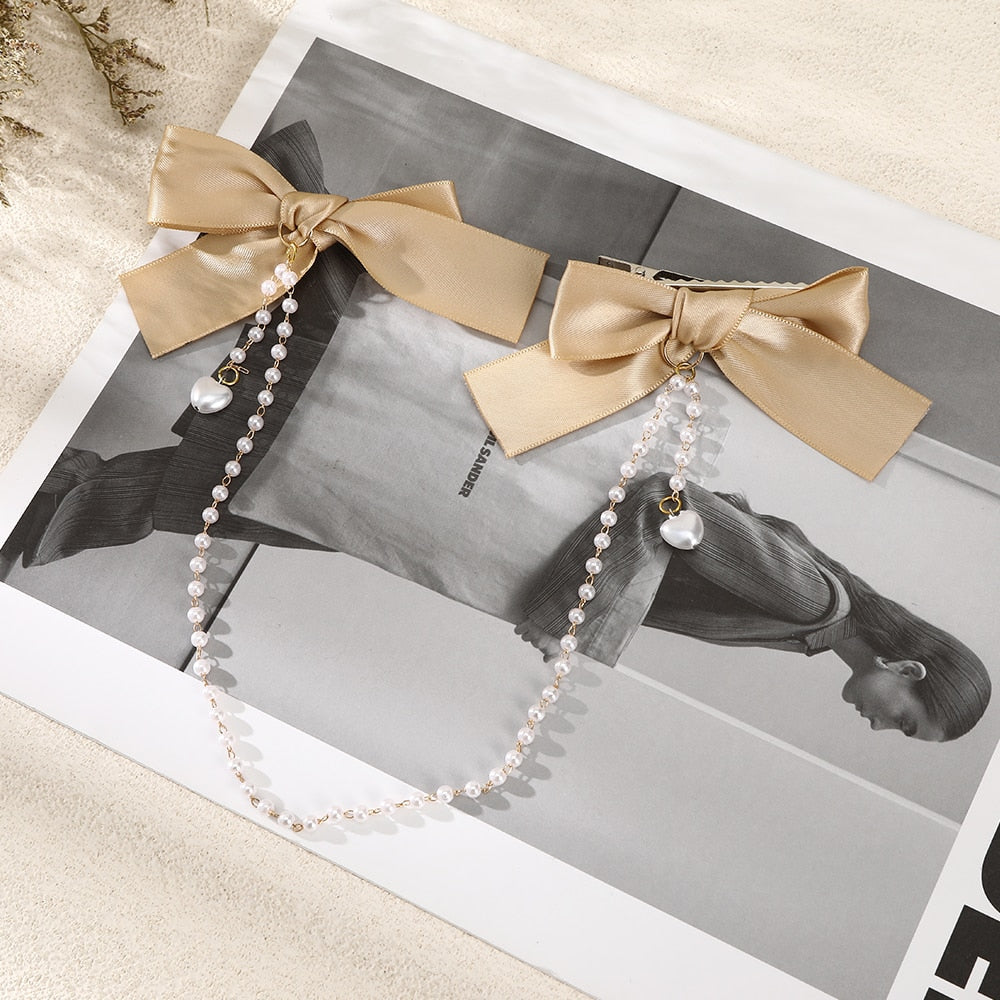 AWAYTR Tassel Elegant Vintage Bow Pearl Chain Hairpins Sweet Hair Decorate Headband Hair Clips For Fashion Hair Accessories