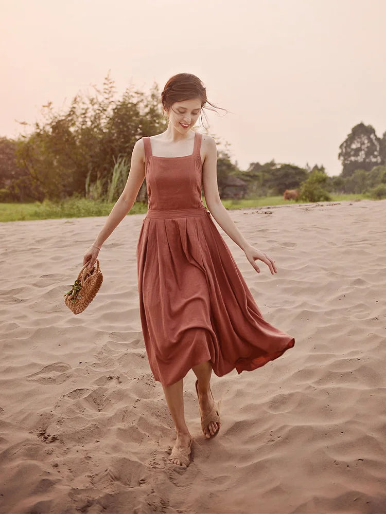 qgtao Elegant Cotton Linen Women's Dress Sexy Sleeveless Sqaure Collar Back Cross Long Midi Party Dress Vestidos платье женское