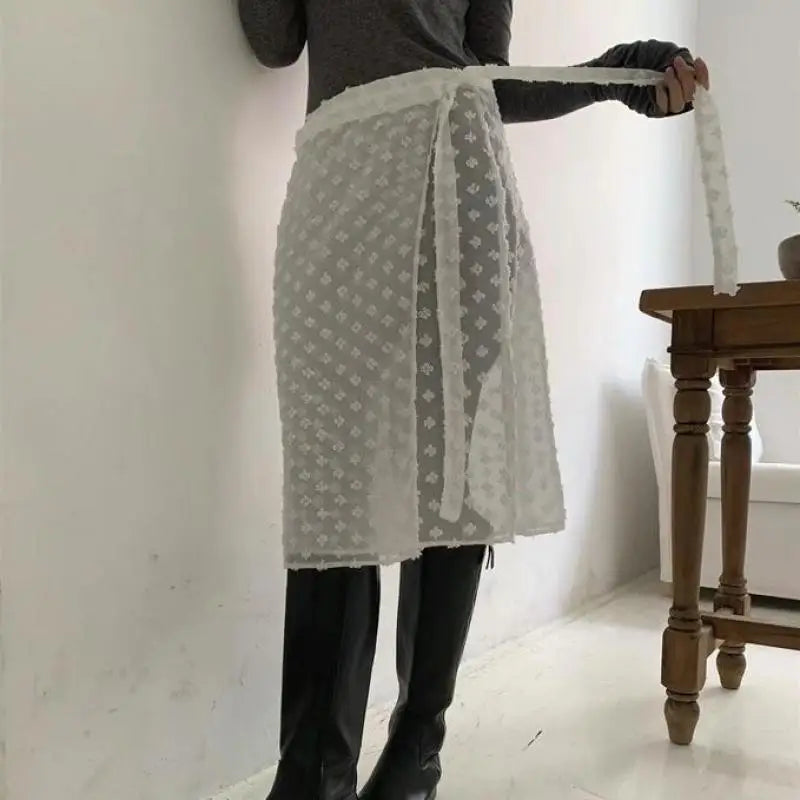 Tonngirls Korean Style See Through Skirt Women Lace Up Thin Lace Collocation Vintage Floral Ladies Skirts Y2k Streetwear 2000s