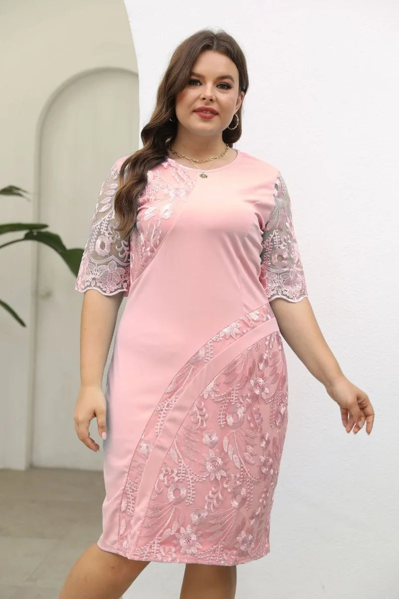 qgtao Plus Size Women Midi Dress Elegant Embroidered Lace Splicing Casual Short Sleeve Crew Neck Women's Elegant Social Dresses